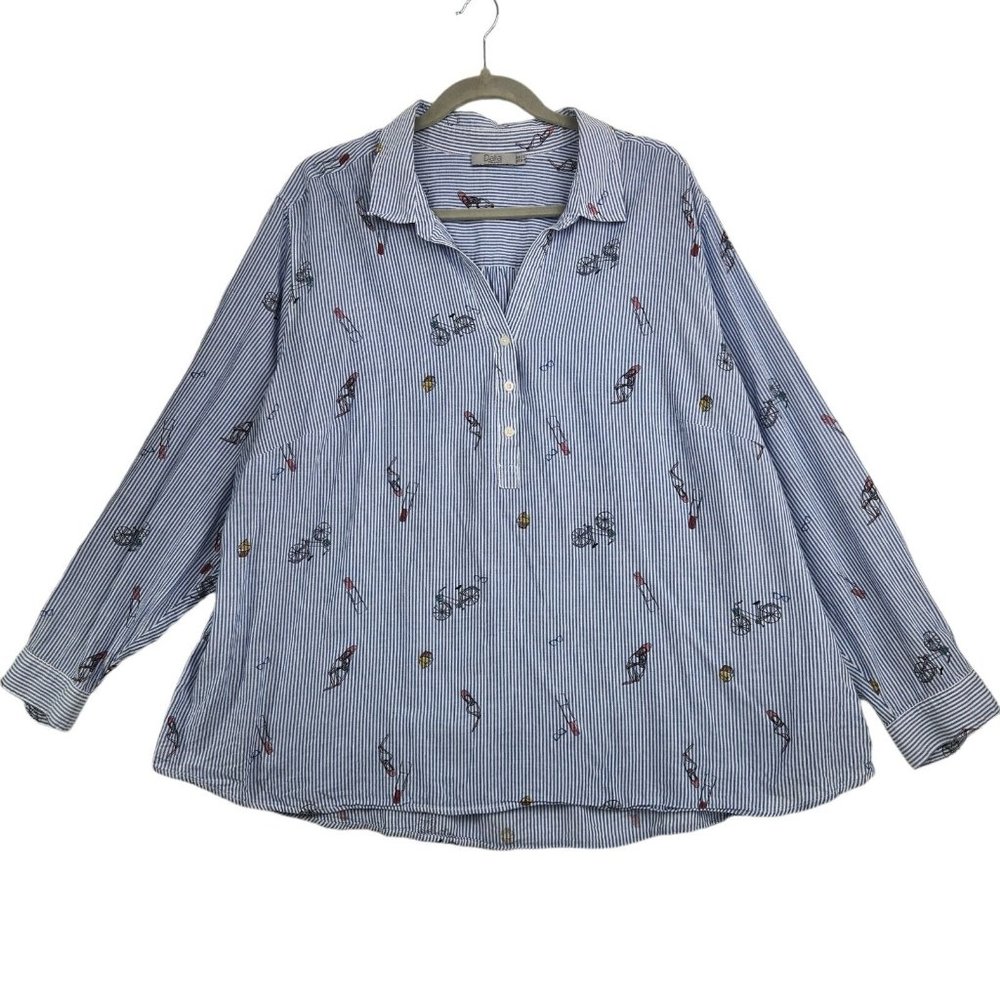 Dalia Womens‎ 3X Blouse Blue Striped V-Neck Roll Cuff Feminine Objects Artsy